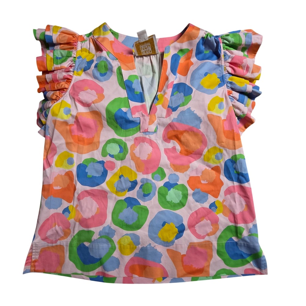 Emily McCarthy Maggie Top Abstract Ruffle Sleeve XS Art To Wear Cotton Blend